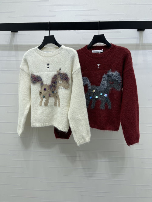 Dior Early Spring: Colorful Horse Sequins Long Sleeve Sweater with Logo