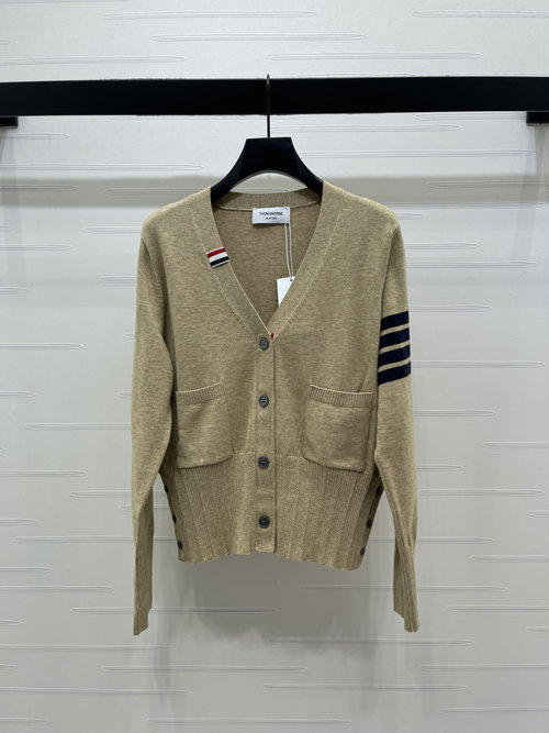 Thom Browne V-Neck Long-Sleeve Cardigan with Hooked Texture