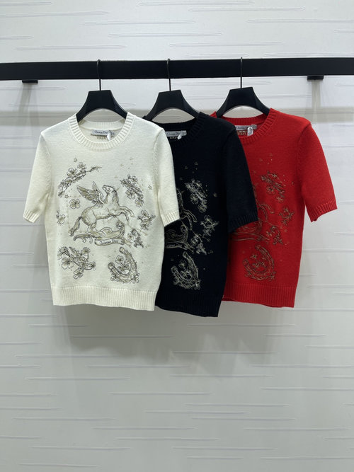 Dior High - quality Flying Horse Embroidery Knit Short - Sleeve