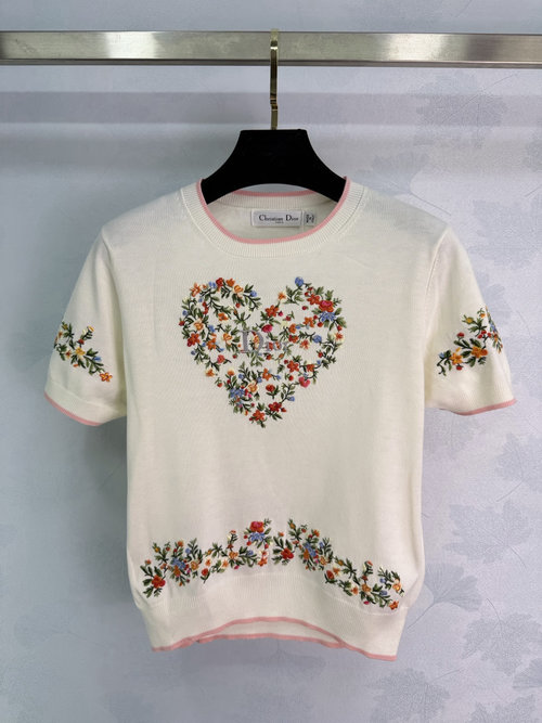 Dior Round Neck Knit Short Sleeve with Flower Embroidery, Romantic Vibe