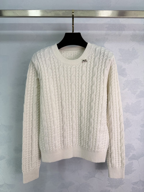Dior Classic White Round-Neck Knit Sweater with Bow and Twisted Pattern