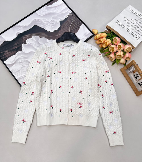 Dior Round Neck Rose Floral & Cherry Embroidery Knit Cardigan