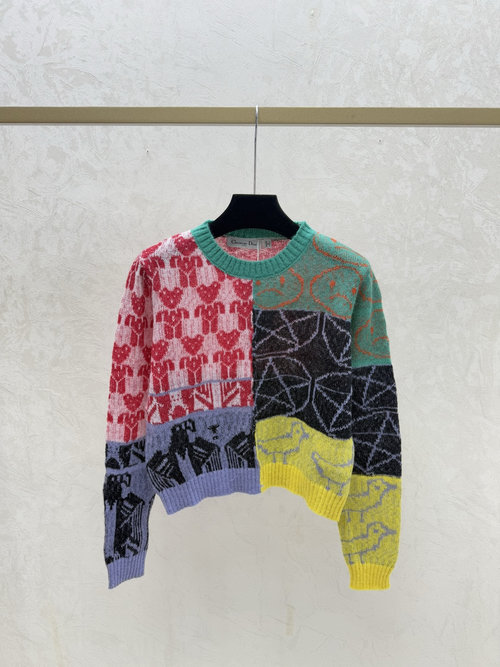 Dior Green Contrasting Color Round-Neck Knitted Long-Sleeve