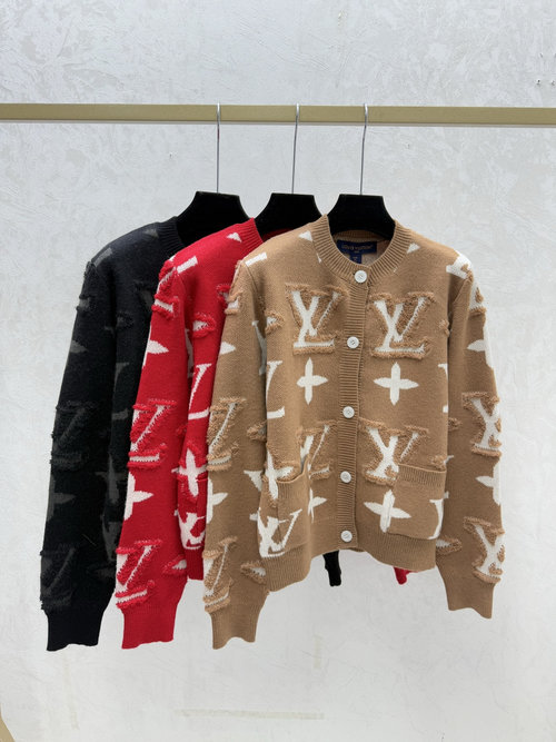 Louis Vuitton Contrast Color Floral Letter Knit Long Sleeve Cardigan in Multi Colors