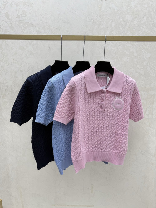 Dior Solid Color Lapel Simple Knit Short Sleeve in 3 Colors