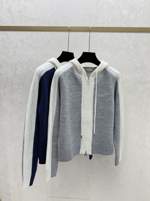 Dior Hooded Gray and Royal Blue Contrast Color Knit Cardigan