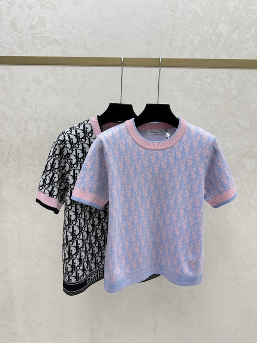 Dior Pink or Black Contrast Monogram Letter Round-Neck Knitted Short-Sleeve