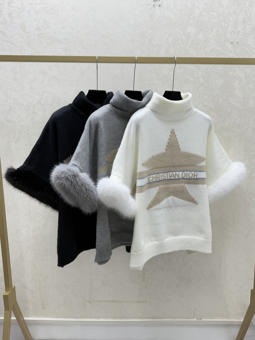 Dior White, Gray or Black Contrasting Color Star Letter Turtleneck Feathered Knitted Long-Sleeve
