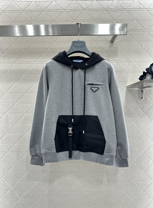 Prada Imported Drawstring Hoodie with Contrast Logo, Dual-Color Options