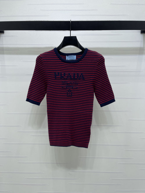 Prada Color-Blocked Striped Knit Short-Sleeved Top with Emblem