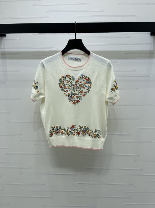 Dior Knit Short - Sleeve Top with Floral Embroidery