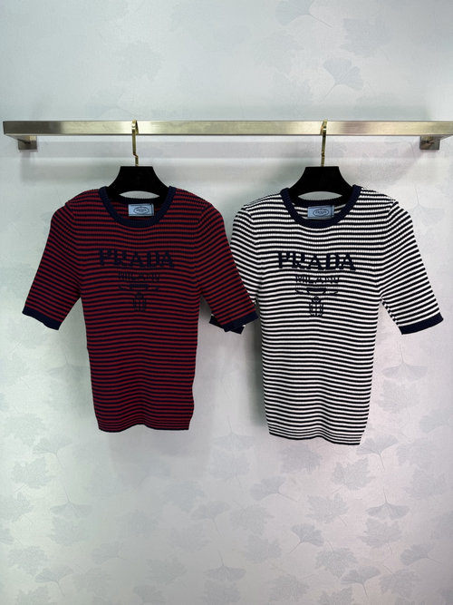 Prada Trendy and Versatile Stripe and Logo Custom Knit Round Neck Short Sleeve