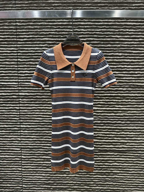 Prada New Arrival: Striped Round Neck Knit Short Sleeve Dress