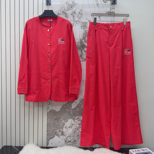 Loewe Linen Suit Set with Elegant Embroidery and Soft Colors