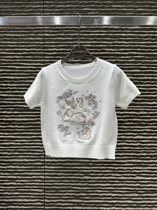 Dior Embroidered Pegasus Round - Neck Knitted Short - Sleeve