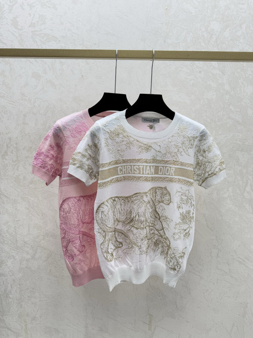 Dior Knitted Short Sleeve with Jungle Tiger Embroidery in White and Pink