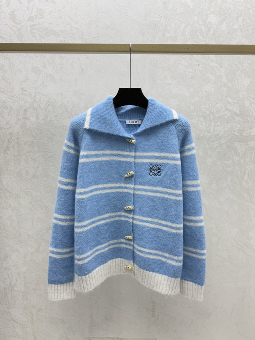 Loewe Knitted Long Sleeve Cardigan with Color Blocked Stripes in Blue