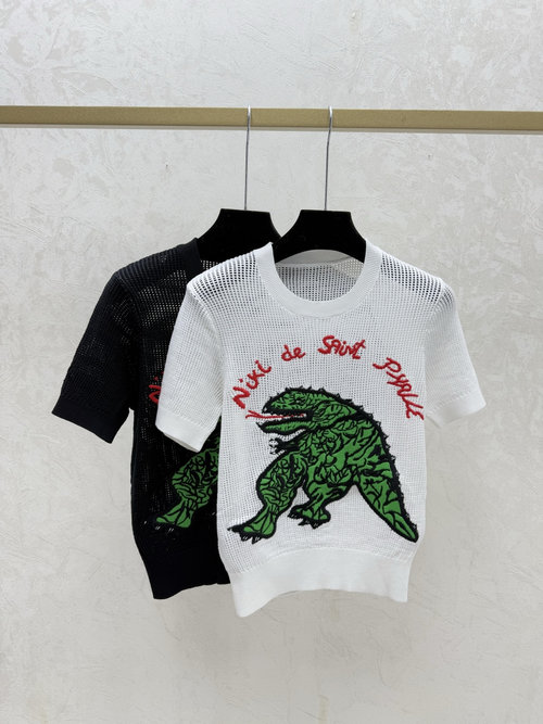 Dior Contrasting Dinosaur Hollowed - Out Round - Neck Short - Sleeve Knit in White, Black