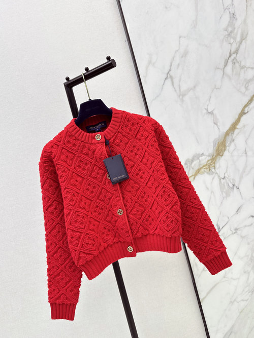Louis Vuitton Red Monogram Jacquard Cashmere Round - Neck Short Coat