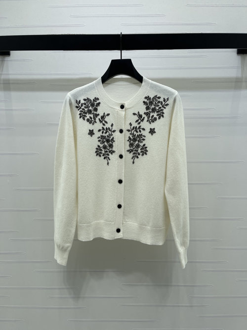 Dior Solid Color Round-Neck Knit Cardigan with Embroidered Pattern