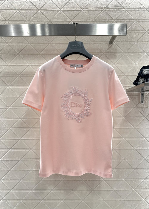 Dior Round Neck Embroidered Beaded Cotton T-Shirt for Various Styles