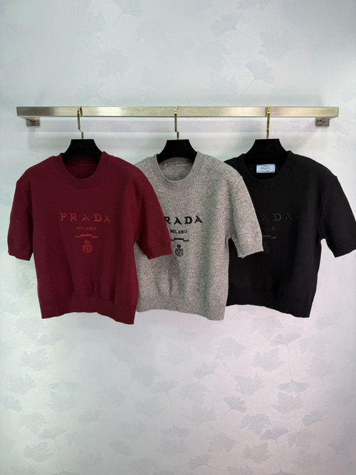 Prada Soft Yarn Round Neck Logo Knit Short Sleeve