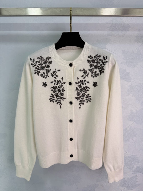 Dior Beaded Floral Pattern Round Neck Cardigan
