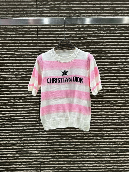 Dior New Pink Jacquard Letter and Stripe Short-sleeved Top