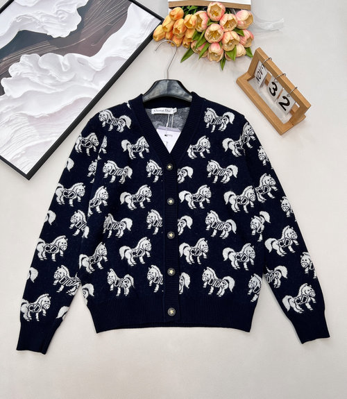 Dior Classic Horse Jacquard V-neck Knit Cardigan with Buttons