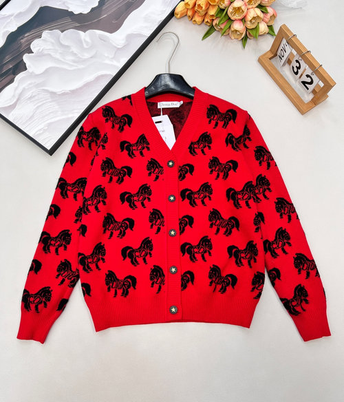 Dior Classic Horse Jacquard V-neck Knit Cardigan with Buttons