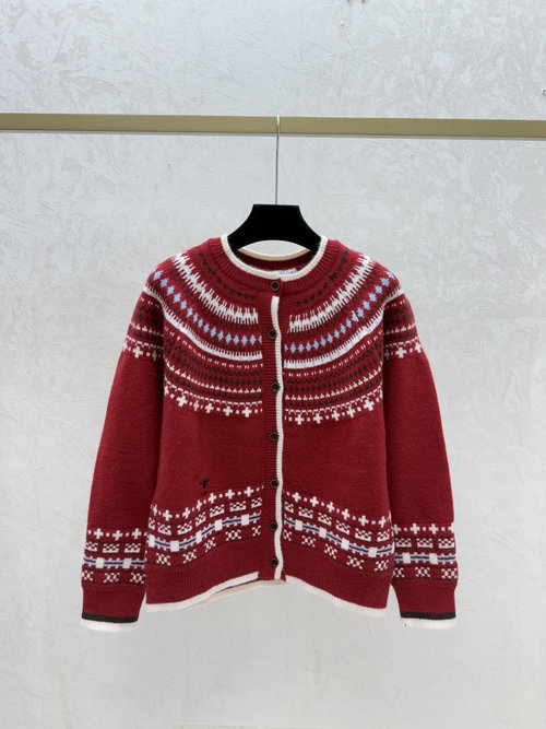 Dior Knitted Long Sleeve Open Cardigan with Contrast Lattice, Red