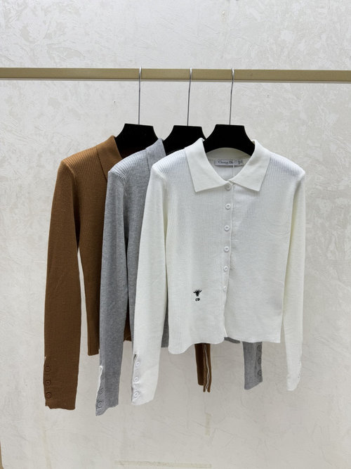 Dior Solid Collar Knitted Long Sleeve Open Cardigan, White, Gray & Coffee