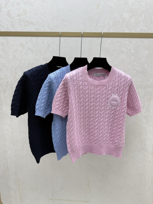 Dior Solid Color Simple Round Collar Short Sleeve Knit in Pink, Blue & Royal Blue