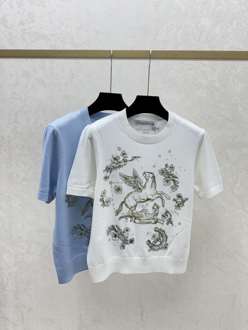 Dior Knitted Short Sleeve with Contrast Ponies in White, Blue