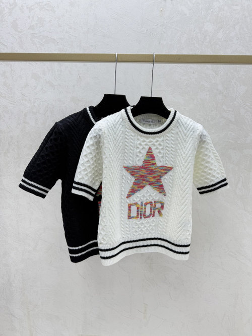 Dior Knitted Short Sleeve with Contrast Star Letters in White, Black