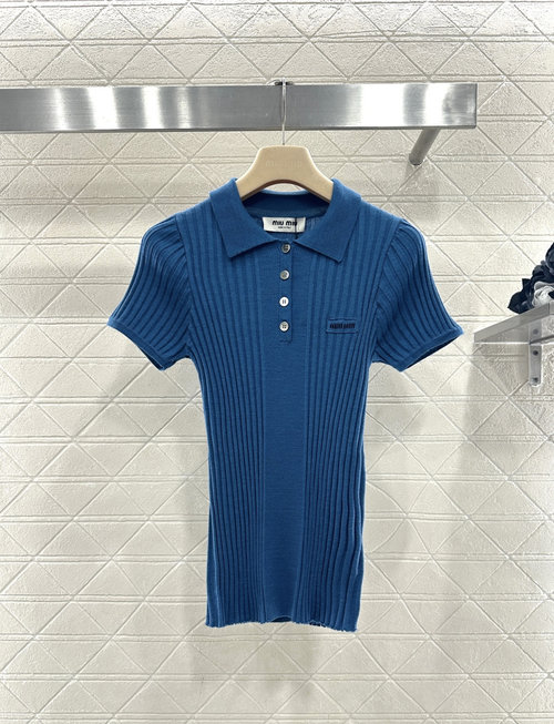 Miu Miu Blue Roll-Neck Half-Open Striped Knit Short-Sleeve with Logo
