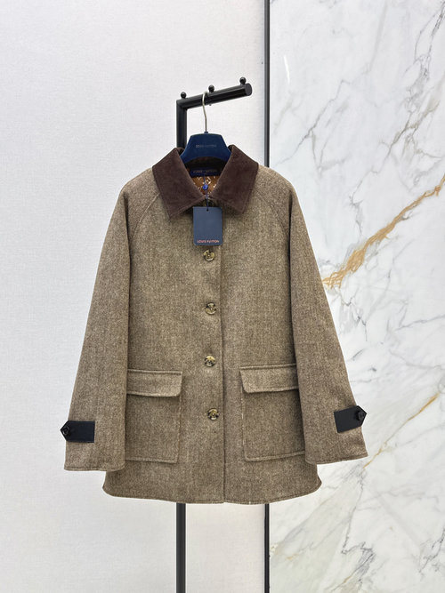Louis Vuitton Mid-length Collared Woolen Coat with Herringbone Texture