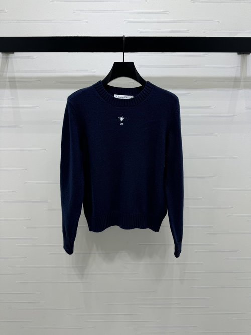 Dior Solid Color Round Neck Long Sleeve Wool Sweater with Bee Embroidery