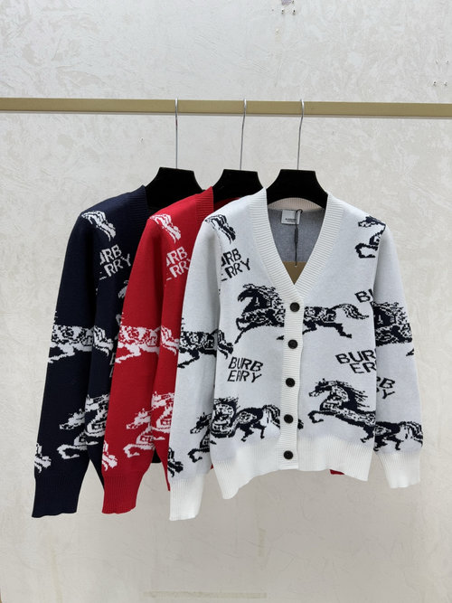 Burberry Contrasting V-Neck Knit Long Sleeve Cardigan in White, Red & Blue