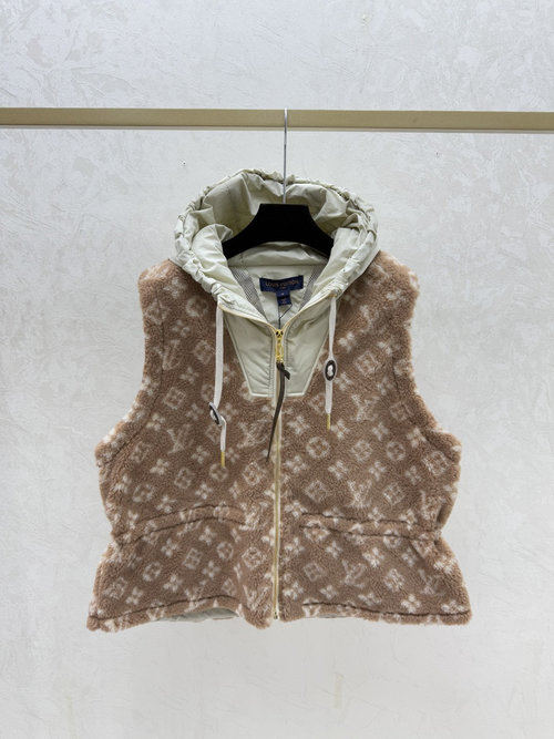 Louis Vuitton Contrasting Floral Letter Hooded Vest Cardigan in Khaki