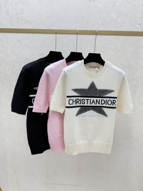 Dior Contrast Color Star and Letter Round Neck Knit Short Sleeve in White, Pink and Black