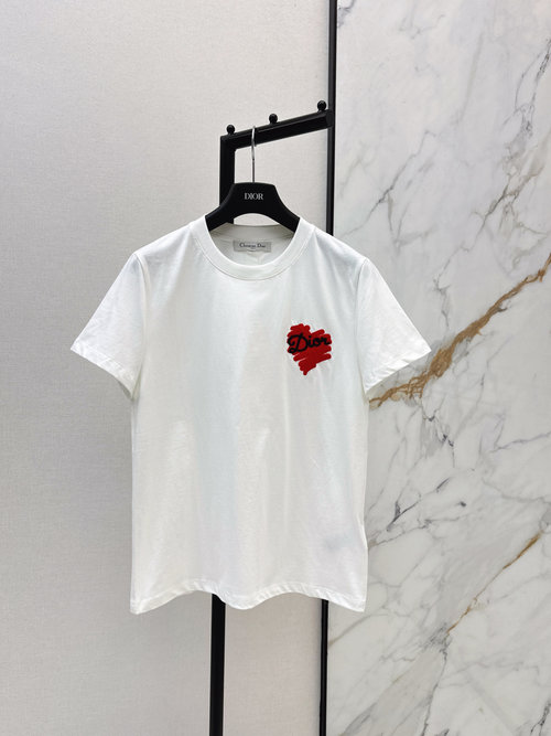 Dior Cute Heart-Print Short-Sleeve T-Shirt with French Placket