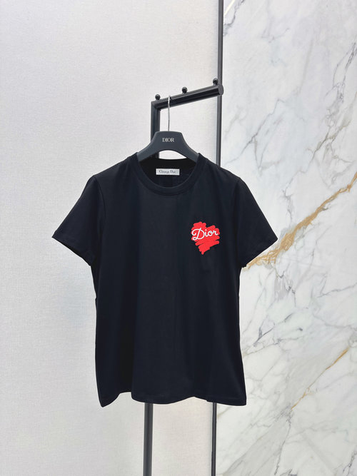Dior Cute Heart-Print Short-Sleeve T-shirt with French Placket