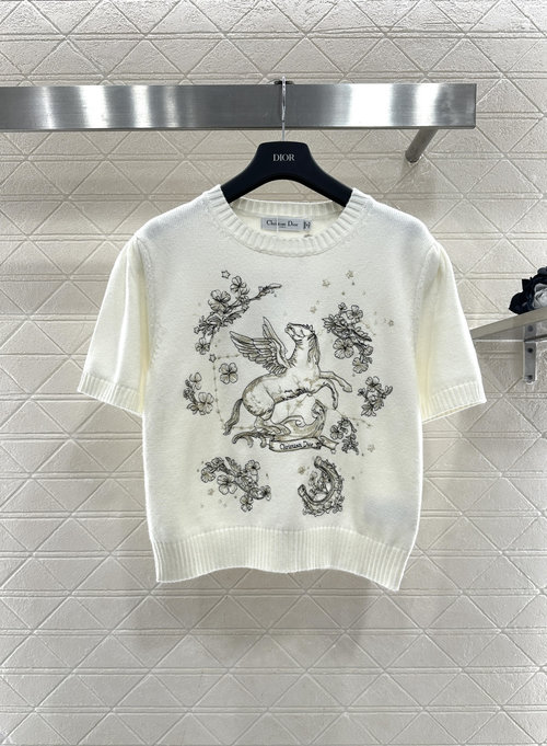 Dior Pegasus Embroidery Knit Short Sleeve in Customized Cashmere