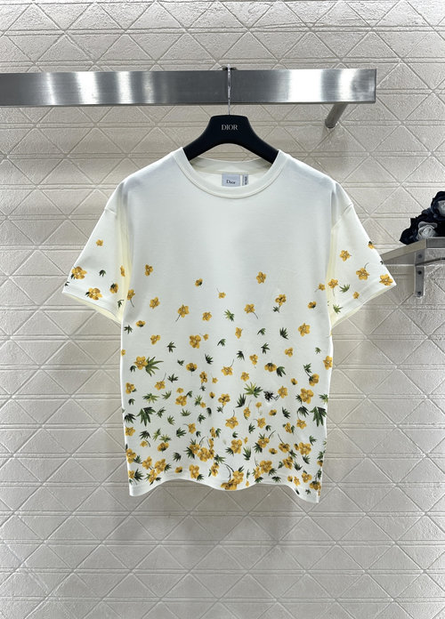 Dior Custom Yellow Floral Print Cotton Short Sleeve T - Shirt
