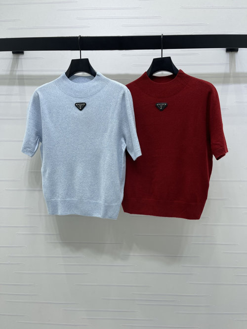 Prada High-end Plain Knit Short Sleeve with Triangle Logo