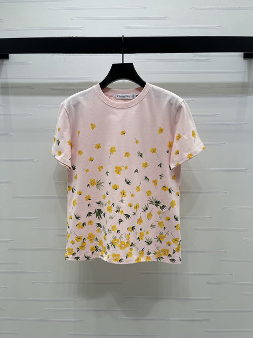 Dior High-quality Flower Print T-shirt with Contrast Colors