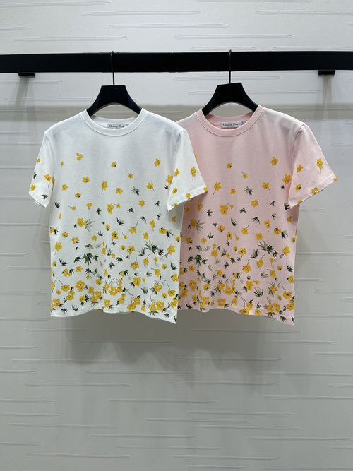 Dior High-quality Flower Print T-shirt with Contrast Colors