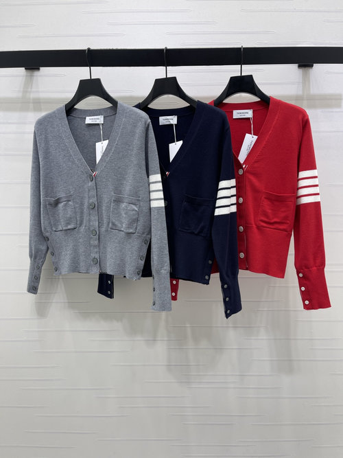 Thom Browne V-Neck Long-Sleeve Cardigan with Hooked Texture