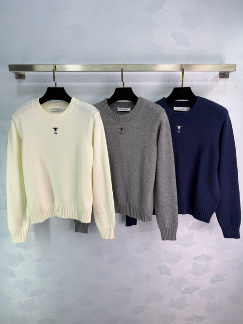 Dior Solid Round Neck Long Sleeve Sweater with Embroidered Bee, Elegant